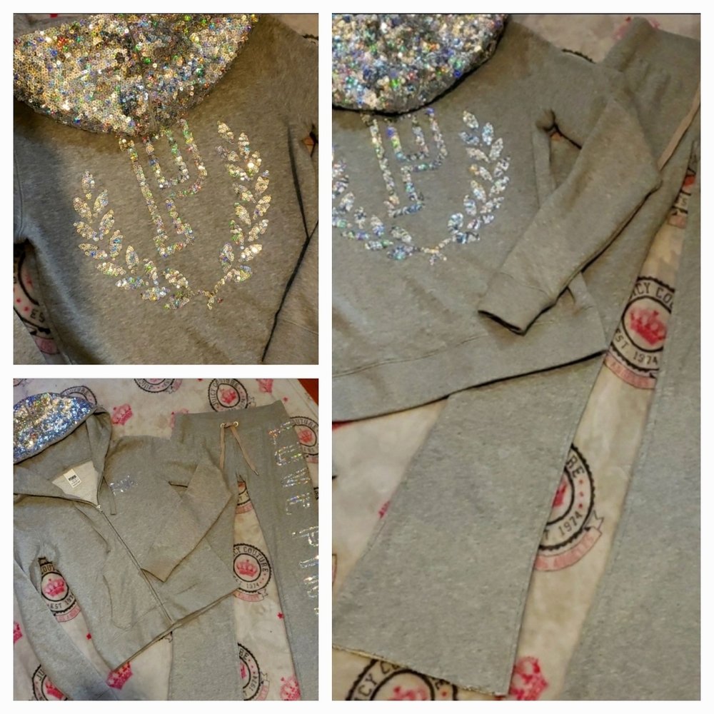 💋Vintage Victorias Secret PINK Sequin Logo Hoodie & Flare Pants Set, XS